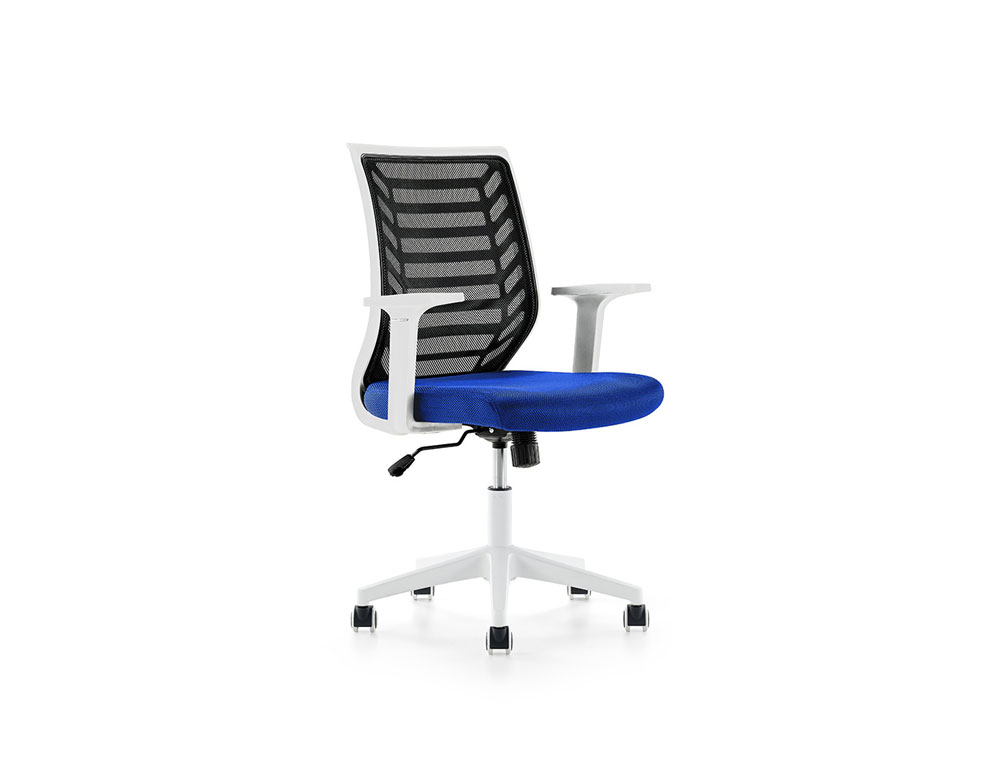 SILLA ROCADA DE OFICINA BRAZOS REGULABLES ESTRUCTURA BLANCA RESPALDO MALLA Y ASIENTO TELA IGNIFUGA NEGRO