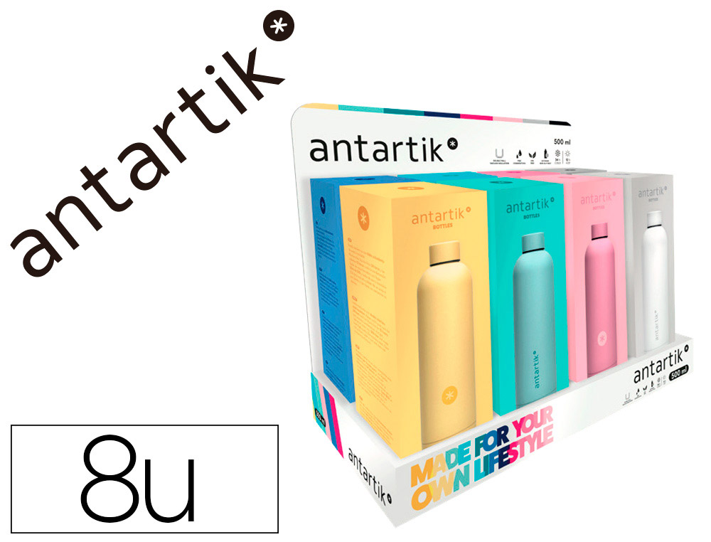 BOTELLA ANTARTIK ISOTERMICA ACERO INOXIDABLE LIBRE DE BPA 750ML EXPOSITOR CON 8 BOTELLAS