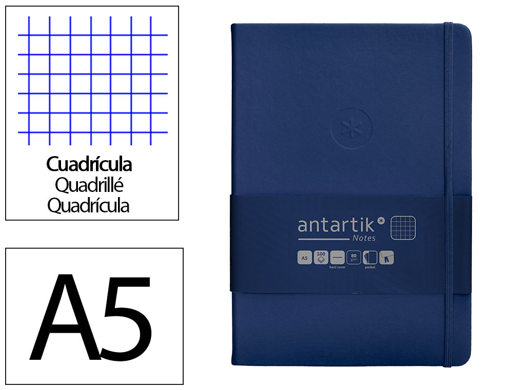 CUADERNO CON GOMILLA ANTARTIK NOTES TAPA DURA A5 HOJAS CUADRICULA AZUL MARINO 100 HOJAS 80 GR FSC