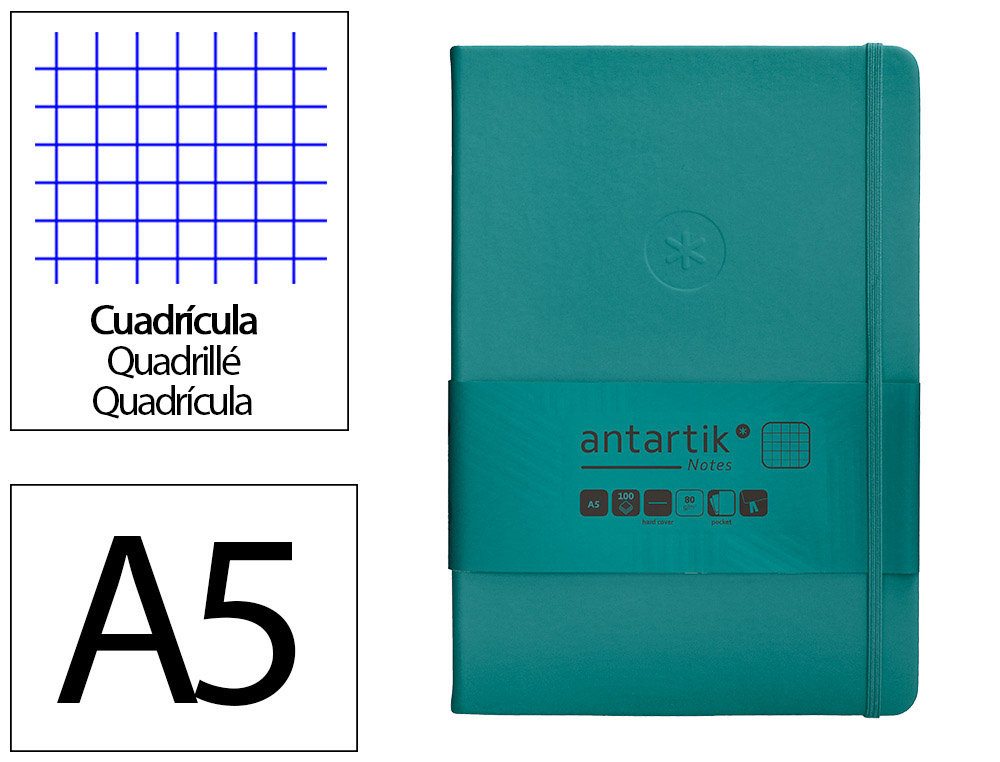 CUADERNO CON GOMILLA ANTARTIK NOTES TAPA DURA A5 HOJAS CUADRICULA VERDE AGUAMARINA 100 HOJAS 80 GR