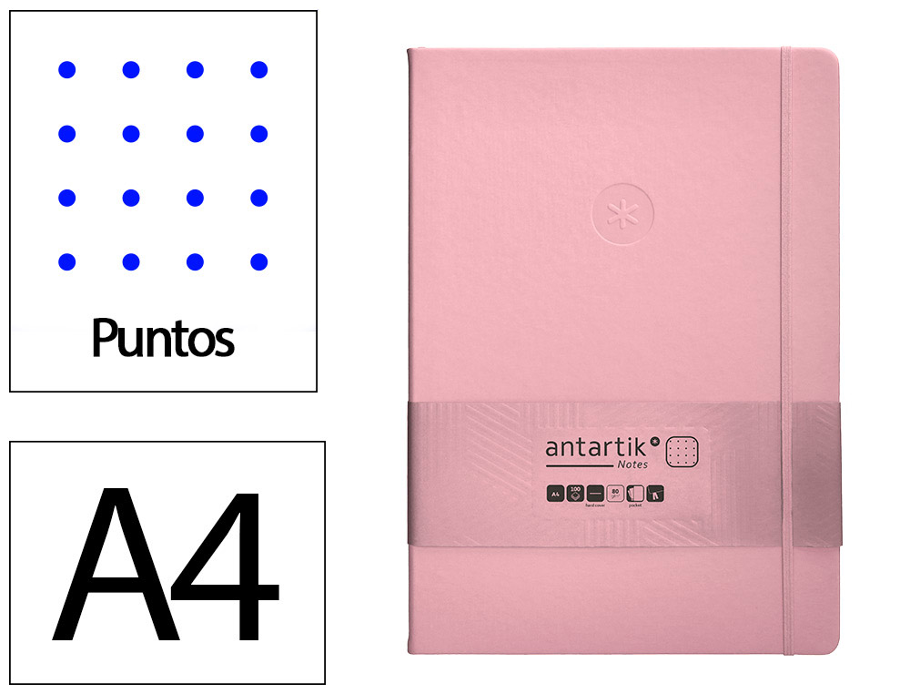 CUADERNO CON GOMILLA ANTARTIK NOTES TAPA DURA A4 HOJAS PUNTOS ROSA PASTEL 100 HOJAS 80 GR FSC