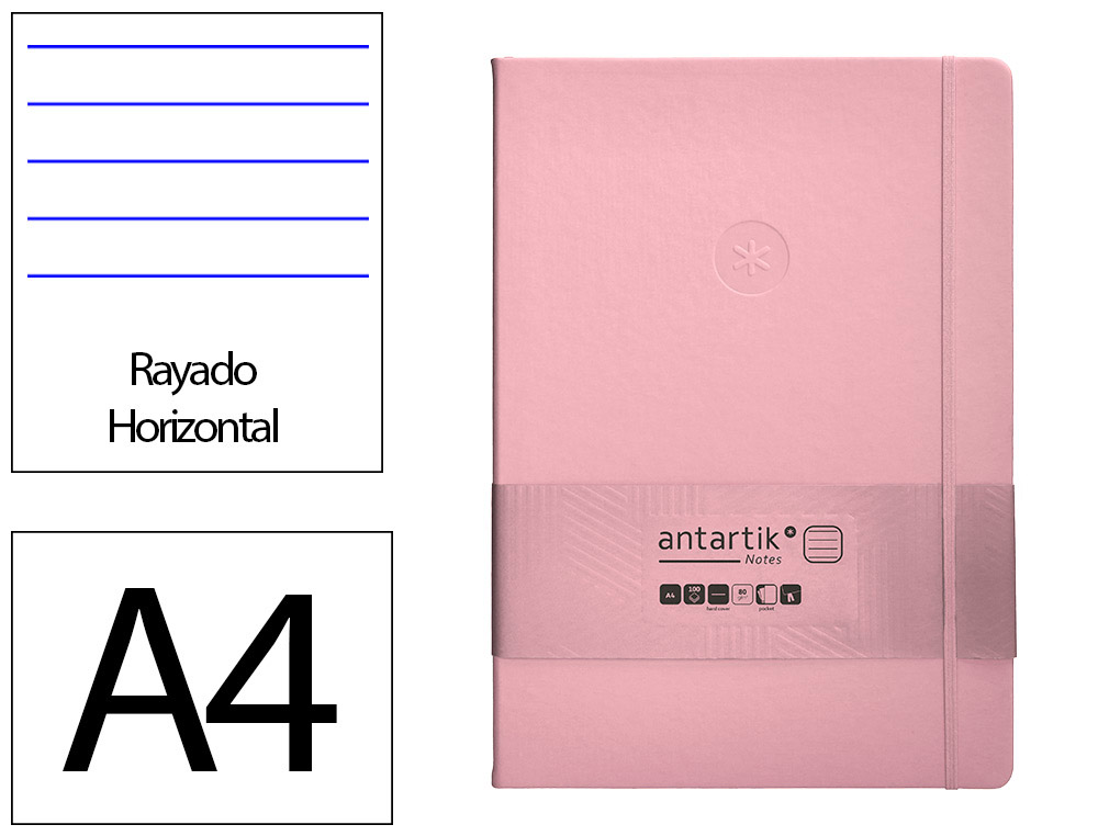 CUADERNO CON GOMILLA ANTARTIK NOTES TAPA DURA A4 HOJAS RAYAS ROSA PASTEL 100 HOJAS 80 GR FSC