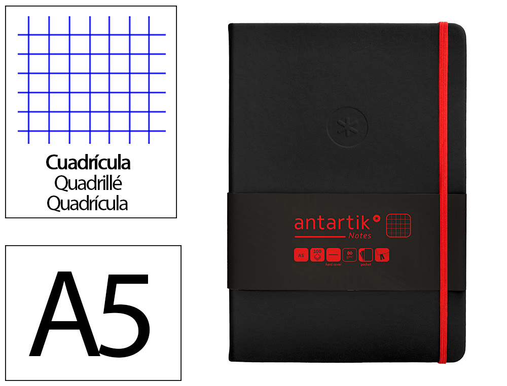 CUADERNO CON GOMILLA ANTARTIK NOTES TAPA DURA A5 HOJAS CUADRICULA NEGRO Y ROJO 100 HOJAS 80 GR FSC