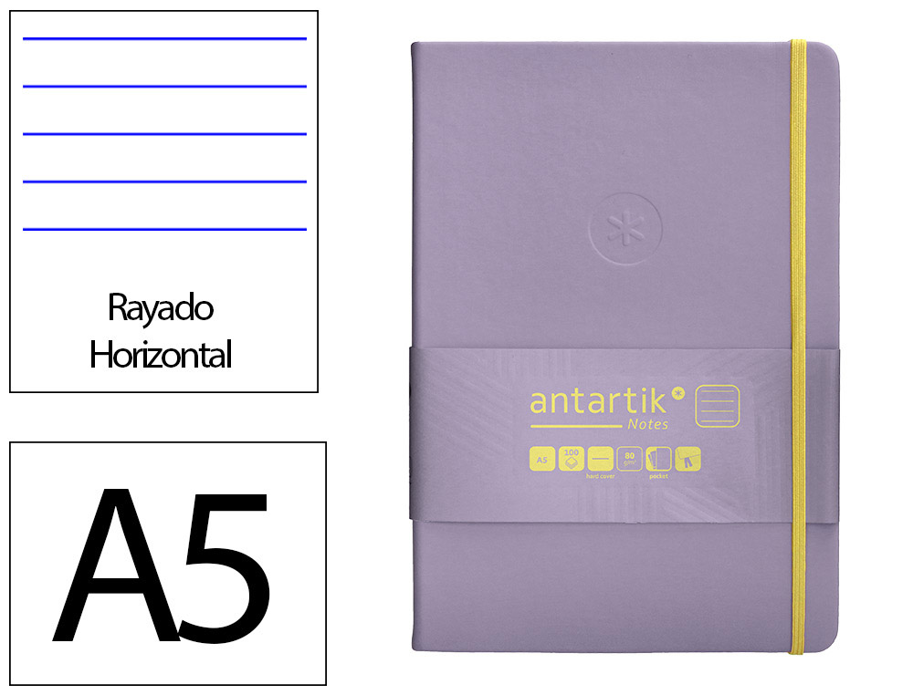 CUADERNO CON GOMILLA ANTARTIK NOTES TAPA DURA A5 HOJAS RAYAS MORADO Y AMARILLO 100 HOJAS 80 GR FSC