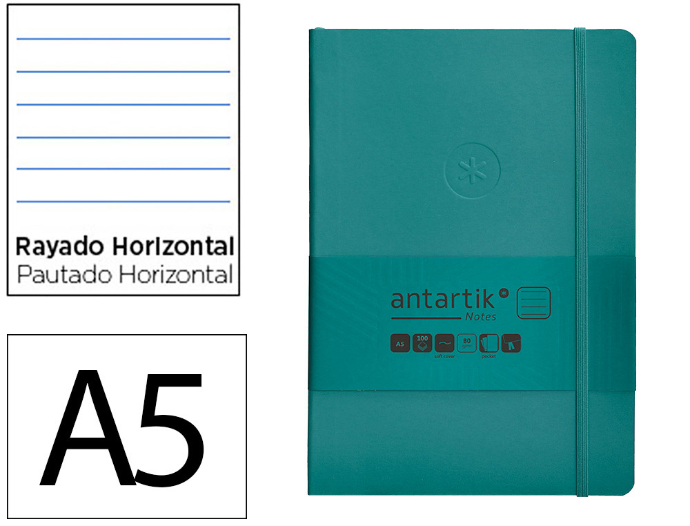 CUADERNO CON GOMILLA ANTARTIK NOTES TAPA BLANDA A5 HOJAS RAYAS VERDE AGUAMARINA 80 HOJAS 80 GR FSC