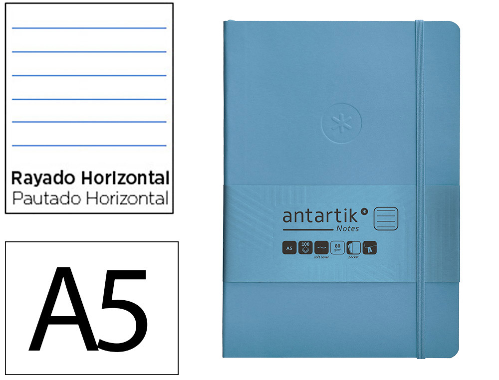 CUADERNO CON GOMILLA ANTARTIK NOTES TAPA BLANDA A5 HOJAS RAYAS AZUL CLARO 80 HOJAS 80 GR FSC