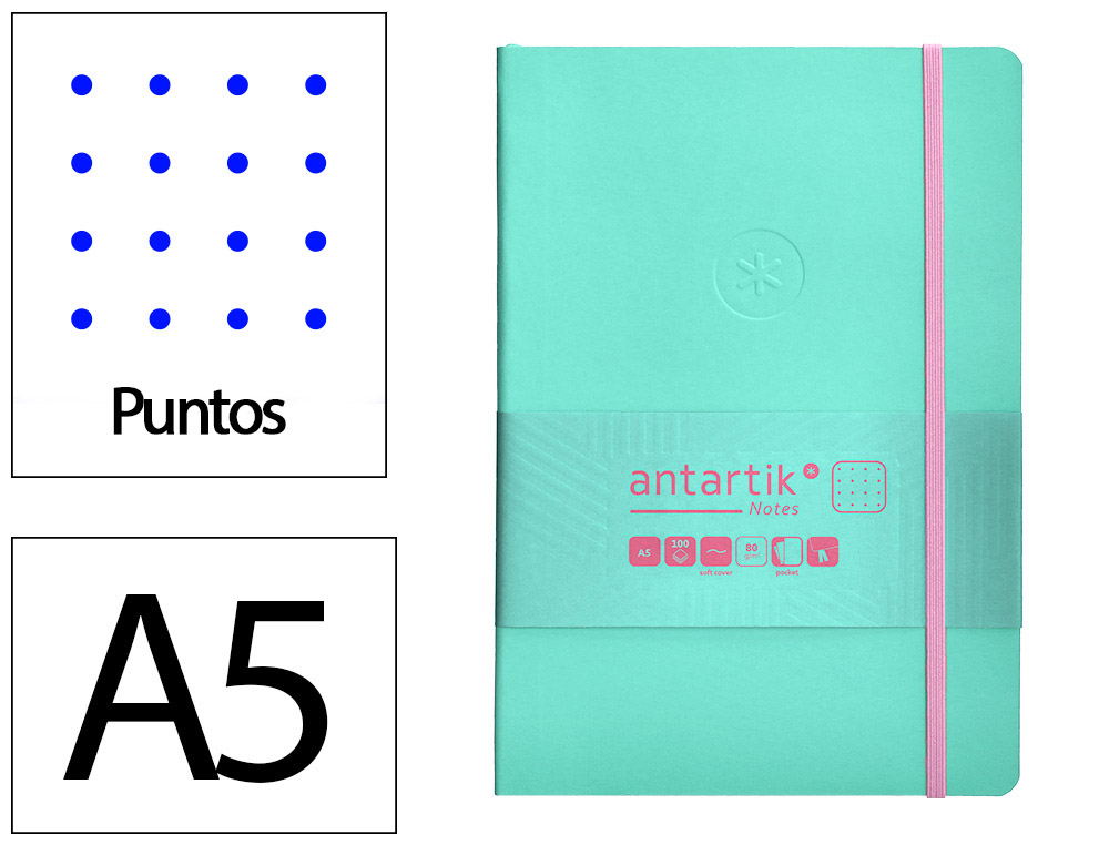 CUADERNO CON GOMILLA ANTARTIK NOTES TAPA BLANDA A5 HOJAS PUNTOS ROSA Y TURQUESA 80 HOJAS 80 GR FSC
