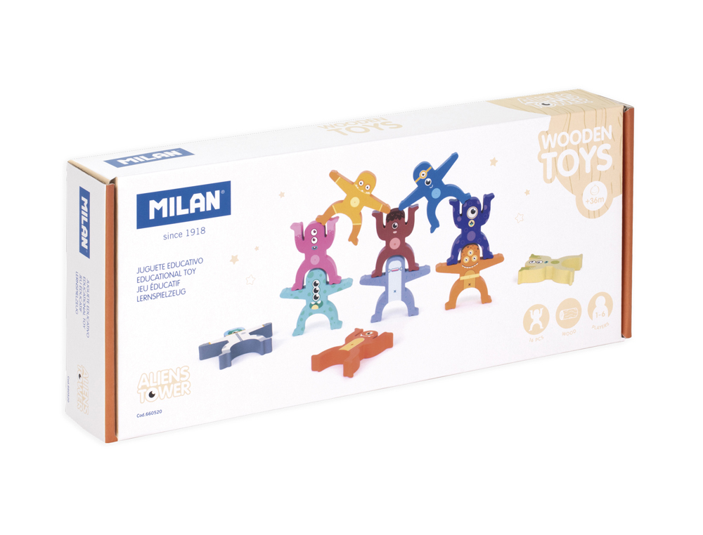 JUEGO EDUCATIVO MILAN FIGURAS MADERA APILABLES ALIENS TOWER