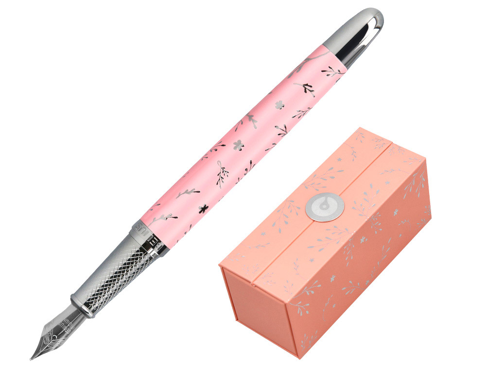 PLUMA BELIUS BELLA ALUMINIO COLOR ROSA DISEO PLATEADO RELIEVE TINTA AZUL CAJA DE DISEO