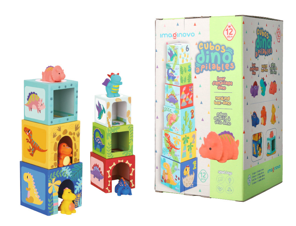 JUEGO INFANTIL IMAGINOVO CUBOS APILABLES NIDOS DINOSAURIOS +12 MESES 12 PIEZAS 13X13X13CM