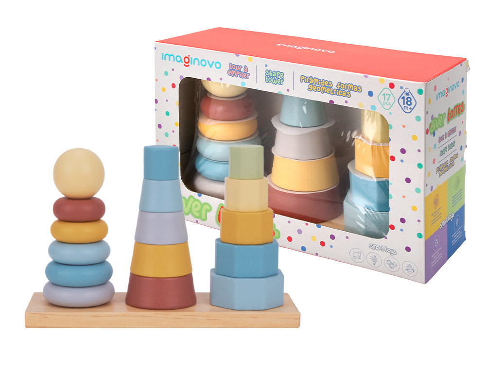JUEGO INFANTIL IMAGINOVO MADERA TORRE DE FORMAS APILABLES +18 MESES 17 PIEZAS 28X20X9CM