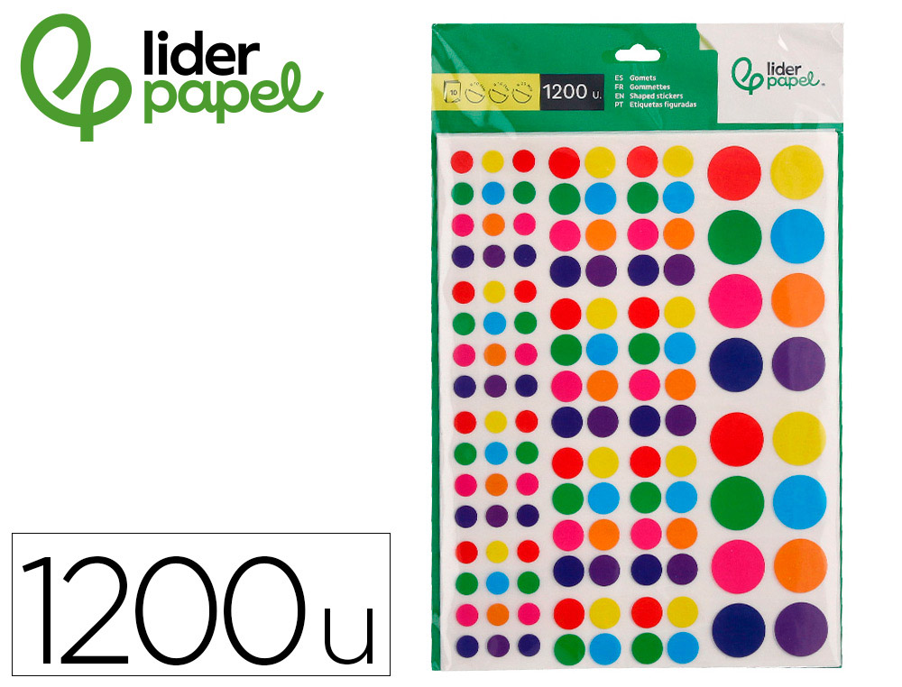 GOMETS LIDERPAPEL AUTOADHESIVO CIRCULOS COLORES Y TAMAOS SURTIDOS BOLSA DE 10 HOJAS 1200 UNIDADES