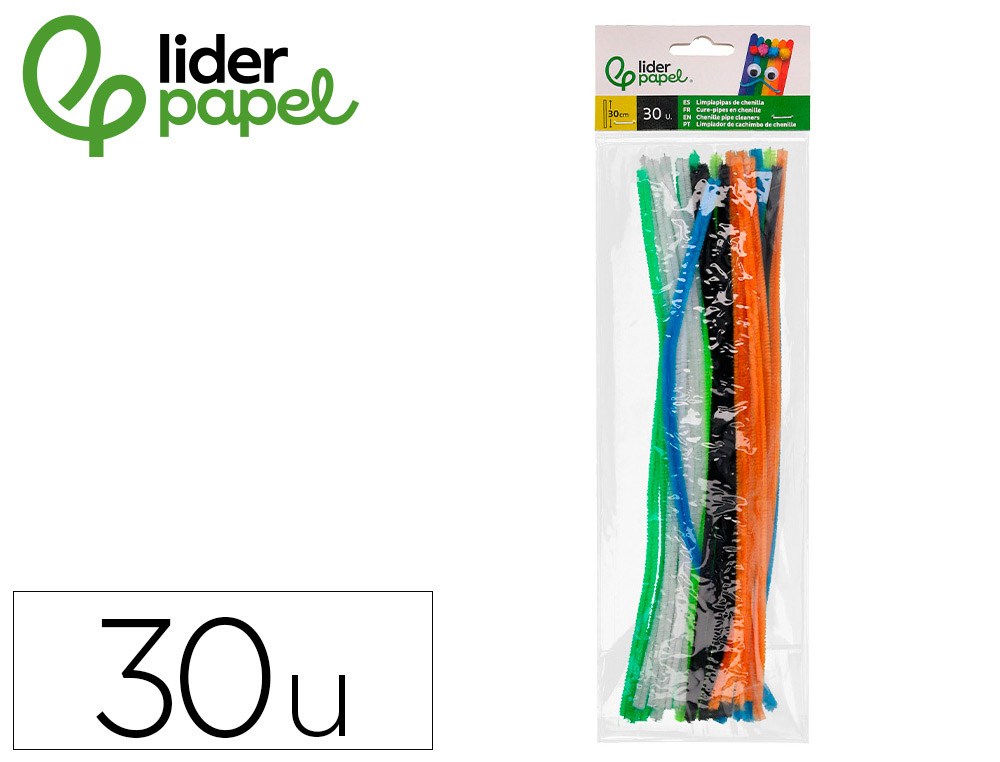 LIMPIAPIPAS DE CHENILLA LIDERPAPEL 30 CM COLORES MATE SURTIDOS BOLSA DE 30 UNIDADES