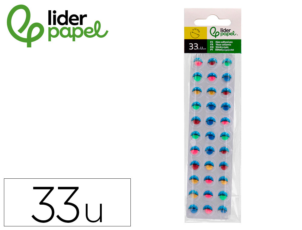 OJO ADHESIVO LIDERPAPEL 10 MM CON PUPILA DE COLOR Y PESTAA DE COLOR PACK DE 33 UNIDADES