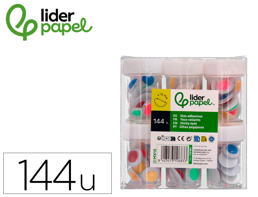 OJO LIDERPAPEL 15 MM BLANCO CON PUPILA DE COLORES SURTIDOS PACK DE 144 UNIDADES