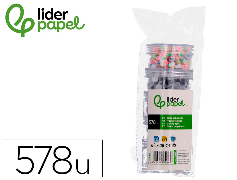OJO ADHESIVO LIDERPAPEL TAMAOS Y COLORES SURTIDOS 5 BOTES ADAPTABLES CON 578 UNIDADES