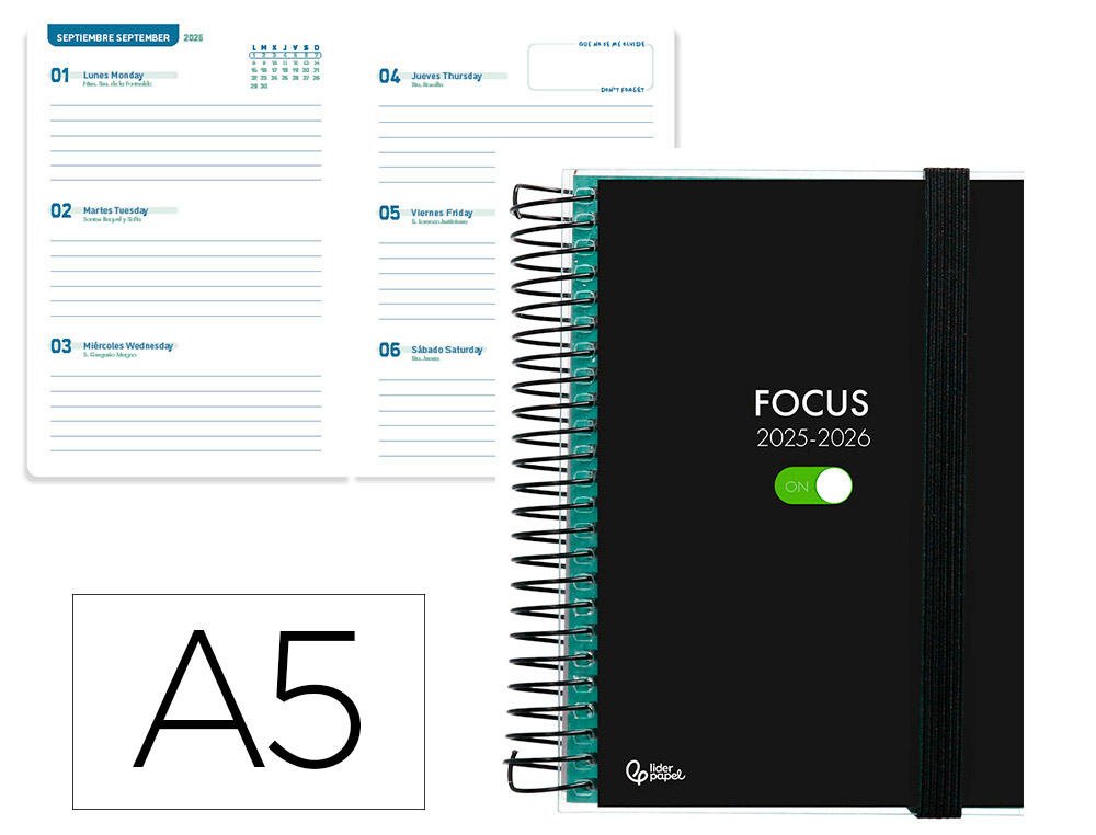 AGENDA ESCOLAR LIDERPAPEL 25-26 ESPIRAL PERSONALIZABLE SEMANA VISTA A5 BILINGE PAPEL FSC 70 GR