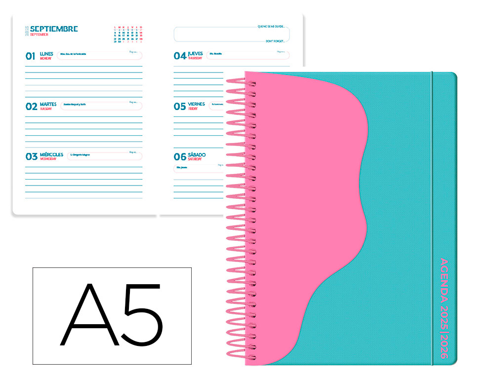 AGENDA ESCOLAR LIDERPAPEL 25-26 ESPIRAL WAVES TURQUESA SEMANA VISTA A5 BILINGE PAPEL FSC 80 GR