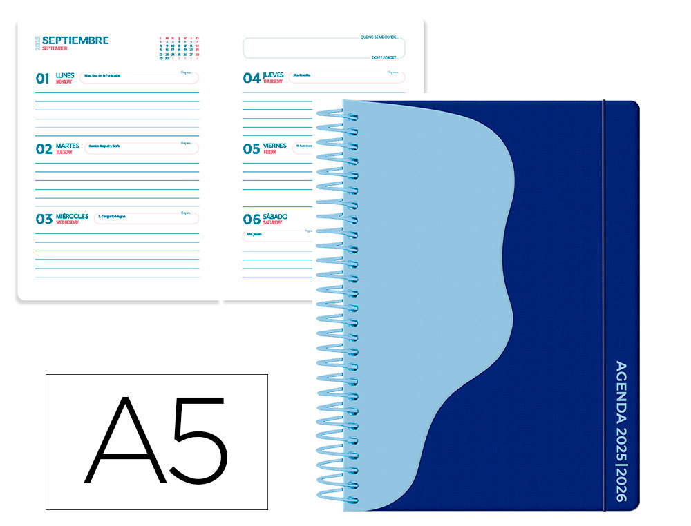 AGENDA ESCOLAR LIDERPAPEL 25-26 ESPIRAL WAVES AZUL OSCU RO SEMANA VISTA A5 BILINGE PAPEL FSC 80 GR