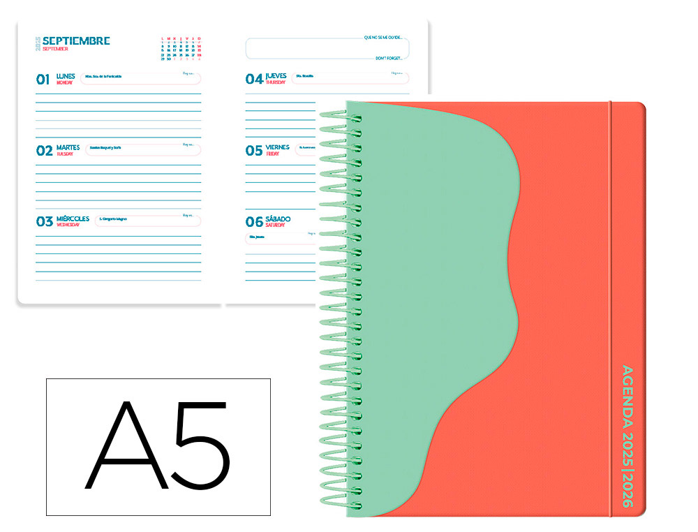 AGENDA ESCOLAR LIDERPAPEL 25-26 ESPIRAL WAVES ROJO SEMANA VISTA A5 BILINGE PAPEL FSC 80 GR