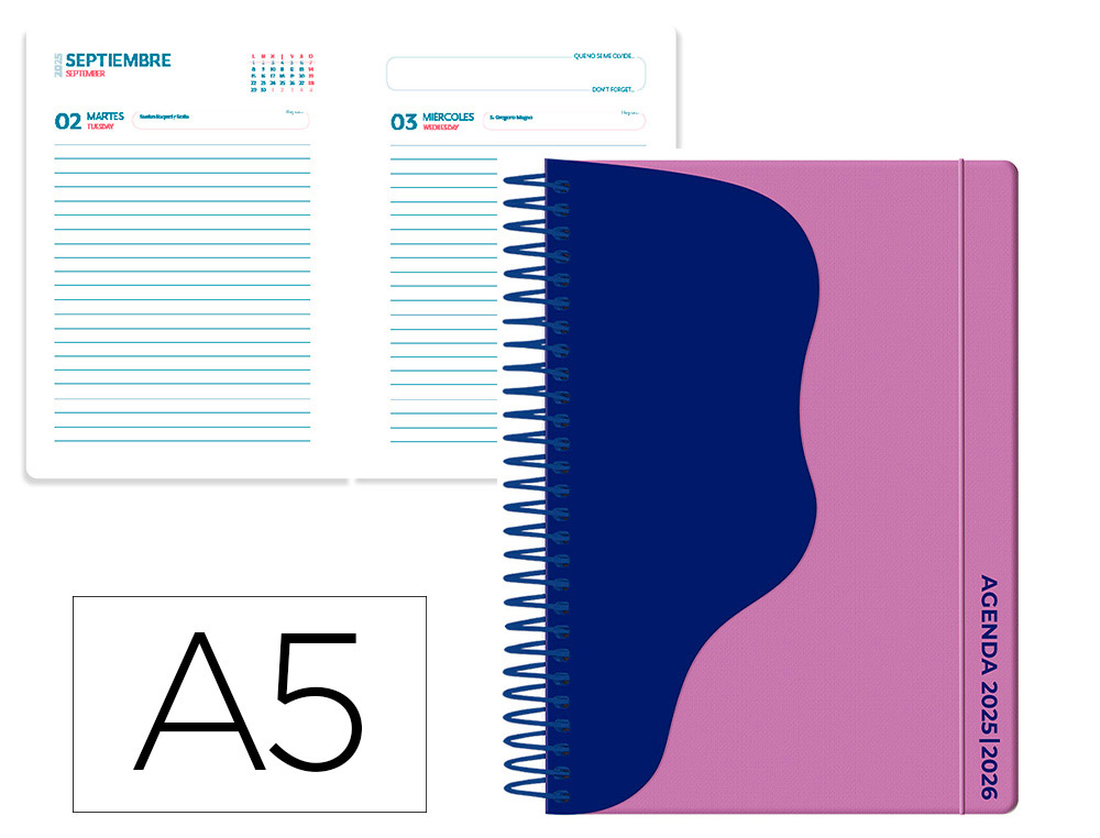 AGENDA ESCOLAR LIDERPAPEL 25-26 ESPIRAL WAVES MORADO DIA PAGINA A5 BILINGE PAPEL FSC 80 GR