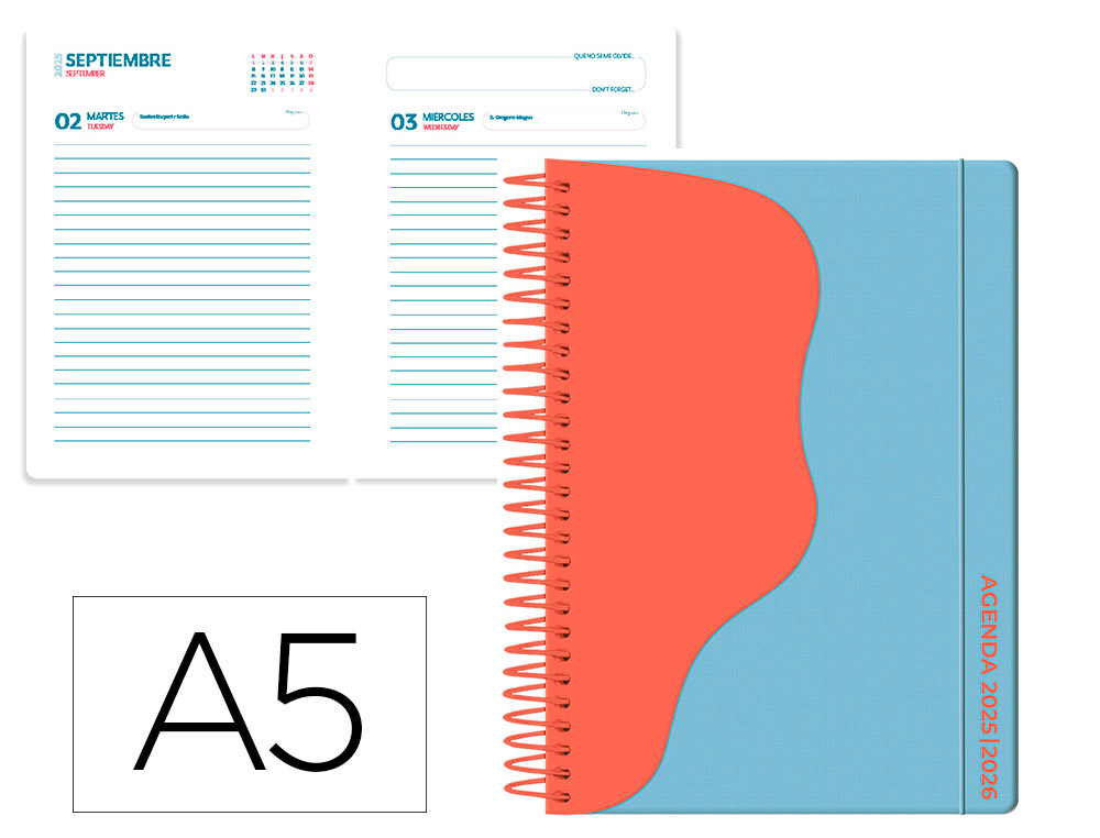 AGENDA ESCOLAR LIDERPAPEL 25-26 ESPIRAL WAVES AZUL DIA PAGINA A5 BILINGE PAPEL FSC 80 GR