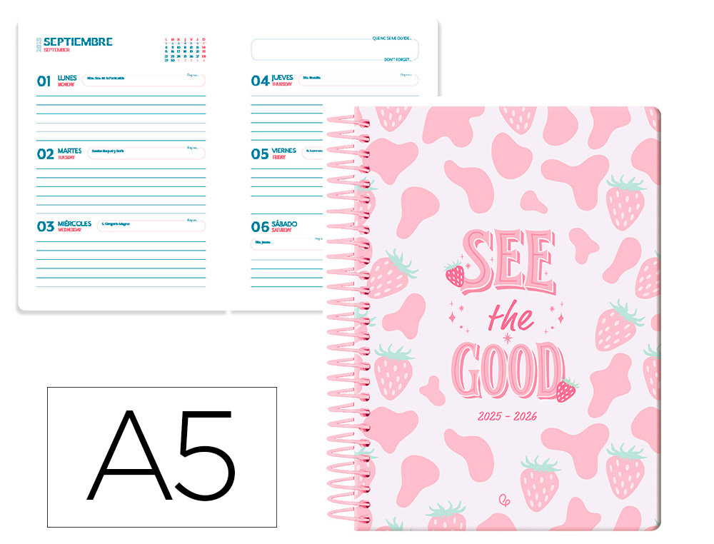 AGENDA ESCOLAR LIDERPAPEL 25-26 ESPIRAL PETITE FRESAS SEMANA VISTA A5 BILINGE PAPEL FSC 80 GR