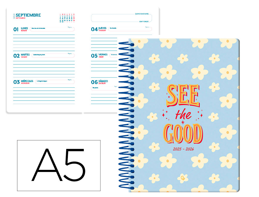 AGENDA ESCOLAR LIDERPAPEL 25-26 ESPIRAL PETITE FLORES SEMANA VISTA A5 BILINGE PAPEL FSC 80 GR