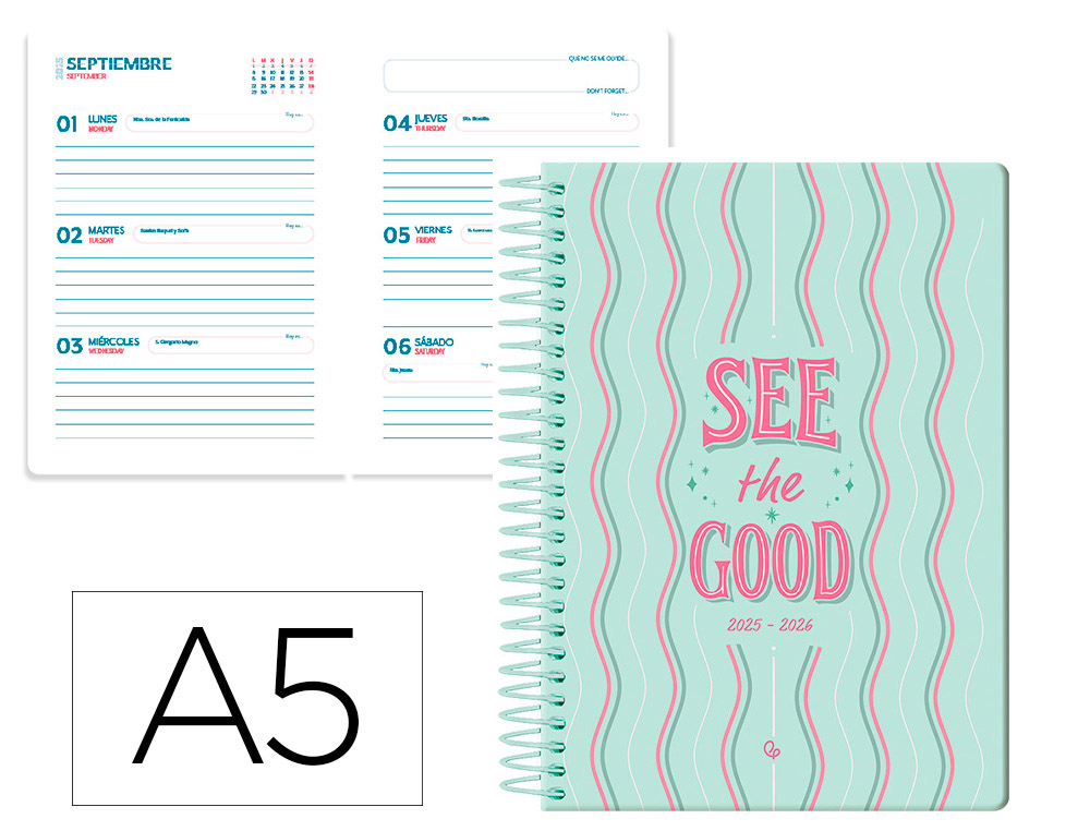 AGENDA ESCOLAR LIDERPAPEL 25-26 ESPIRAL PETITE LINEAS SEMANA VISTA A5 BILINGE PAPEL FSC 80 GR