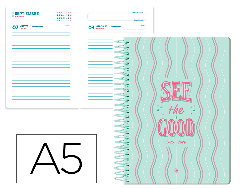 AGENDA ESCOLAR LIDERPAPEL 25-26 ESPIRAL PETITE LINEAS DIA PAGINA A5 BILINGE PAPEL FSC 80 GR