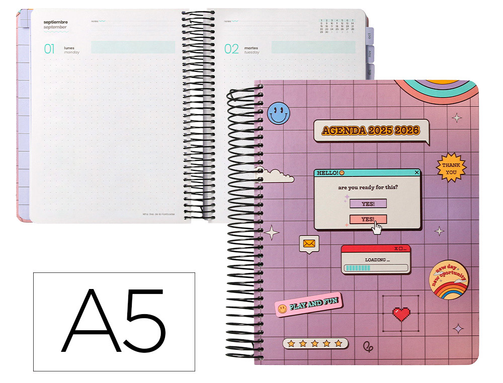 AGENDA ESCOLAR LIDERPAPEL 25-26 ESPIRAL PIXEL MORADO DIA PAGINA A5 BILINGE PAPEL FSC 80 GR
