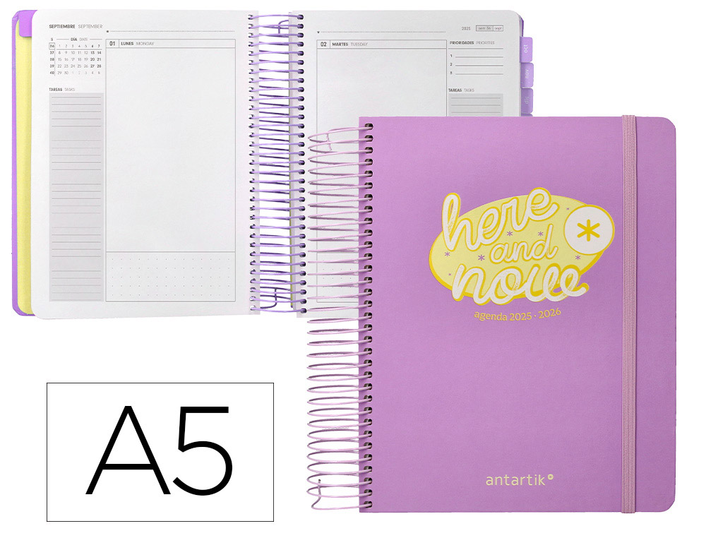 AGENDA ESCOLAR ANTARTIK 25-26 ESPIRAL HERE AND NOW MORADO DIA PAGINA A5 BILINGE PAPEL FSC 80 GR