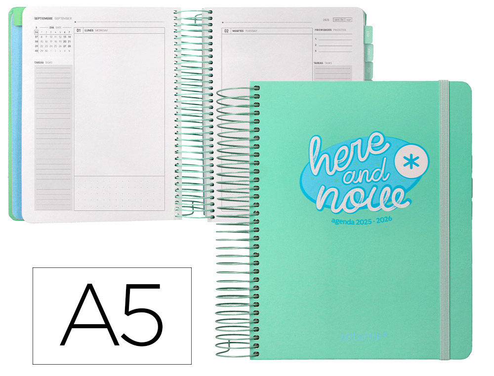 AGENDA ESCOLAR ANTARTIK 25-26 ESPIRAL HERE AND NOW TURQUESA DIA PAGINA A5 BILINGE PAPEL FSC 80 GR 80 GR