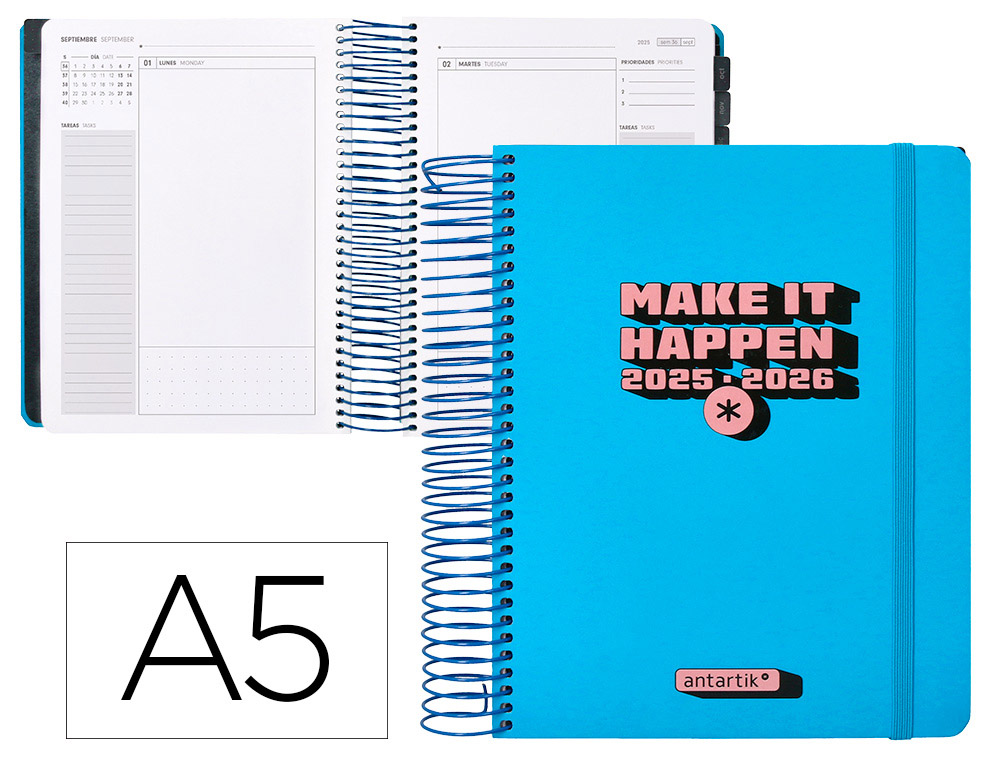 AGENDA ESCOLAR ANTARTIK 25-26 ESPIRAL NEON AZUL DIA PAGINA A5 BILINGE PAPEL FSC 80 GR