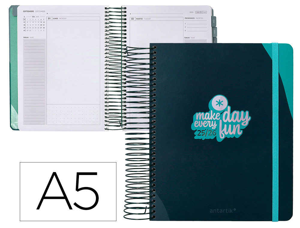 AGENDA ESCOLAR ANTARTIK 25-26 ESPIRAL FUN DAY AZUL OSCURO DIA PAGINA A5 BILINGE PAPEL FSC 80 GR