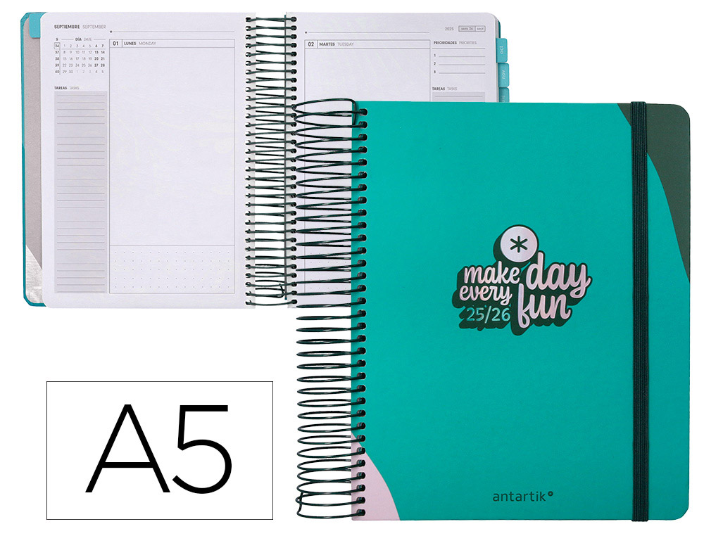 AGENDA ESCOLAR ANTARTIK 25-26 ESPIRAL FUN DAY TURQUESA DIA PAGINA A5 BILINGE PAPEL FSC 80 GR