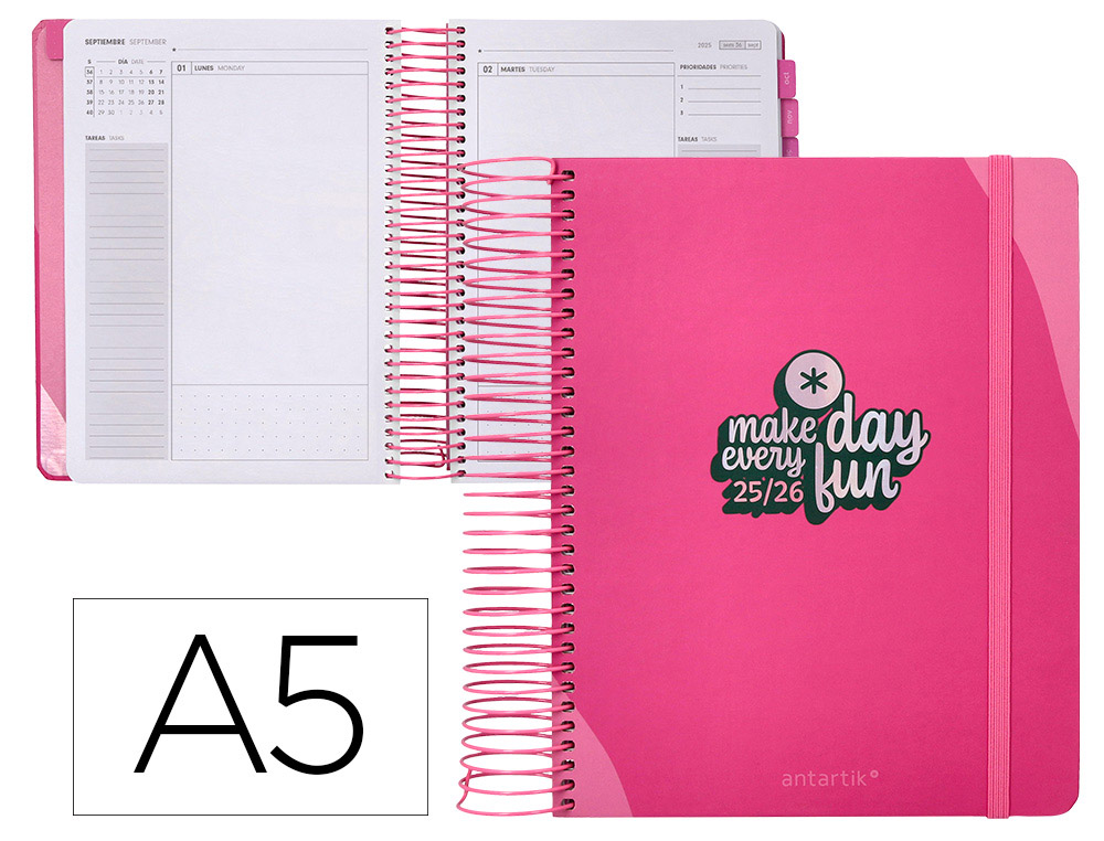 AGENDA ESCOLAR ANTARTIK 25-26 ESPIRAL FUN DAY FUCSIA DIA PAGINA A5 BILINGE PAPEL FSC 80 GR