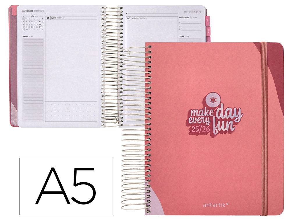 AGENDA ESCOLAR ANTARTIK 25-26 ESPIRAL FUN DAY ROSA DIA PAGINA A5 BILINGE PAPEL FSC 80 GR