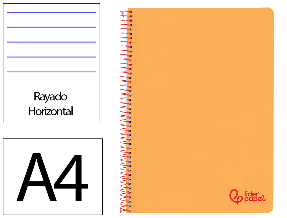 CUADERNO ESPIRAL LIDERPAPEL A4 WONDER TAPA PLASTICO 80H 90GR RAYADO HORIZONTAL CON MARGEN COLOR NARANJA