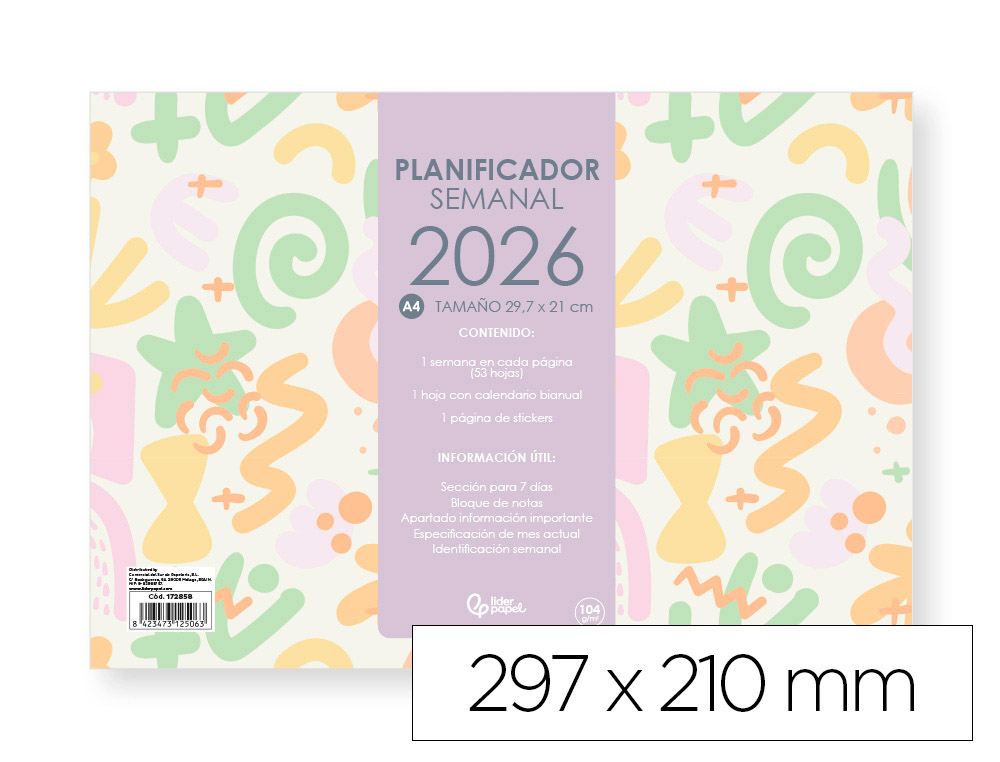 PLANNING SEMANAL LIDERPAPEL JOVEN 2026 29,7X21 CM DIN A4 CON PEGATINAS PAPEL 104 GR