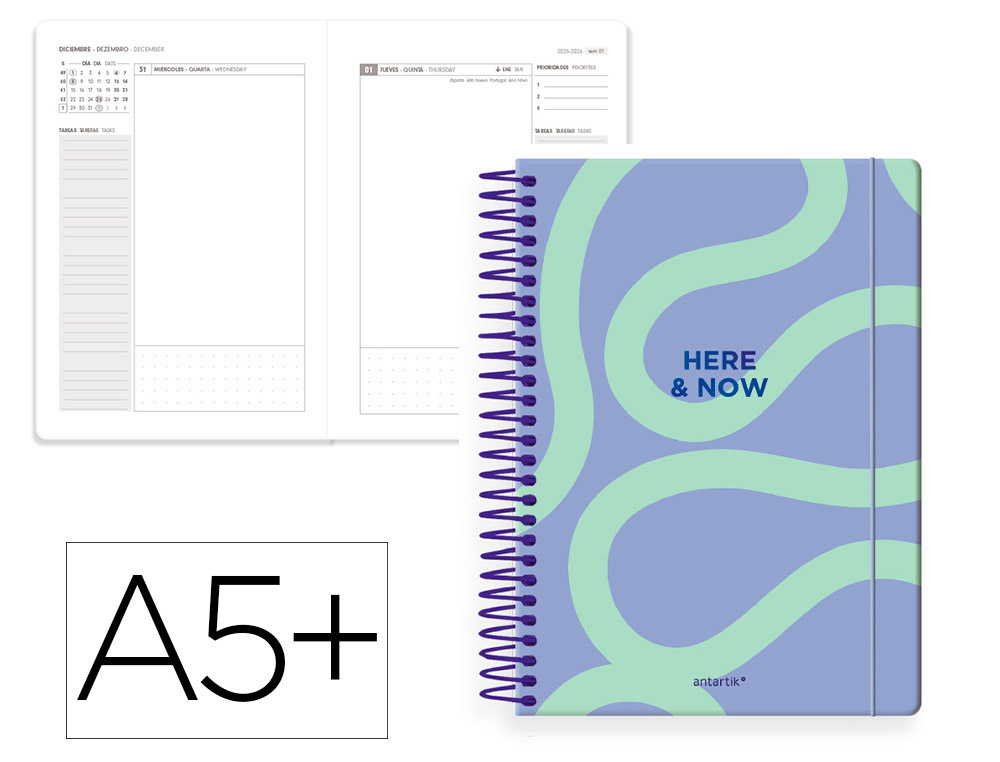 AGENDA ESPIRAL ANTARTIK HERE AND NOW A5+ 2026 DÍA PÁGINA MORADO PAPEL 80G FSC