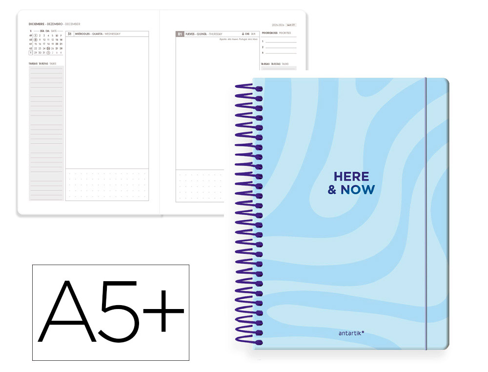 AGENDA ESPIRAL ANTARTIK HERE AND NOW A5+ 2026 DÍA PÁGINA AZUL CLARO PAPEL 80G FSC