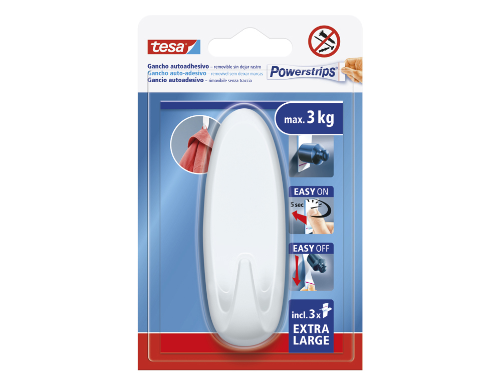 GANCHO AUTOADHESIVO TESA POWERSTRIPS OVALADO HASTA 3 KG COLOR BLANCO