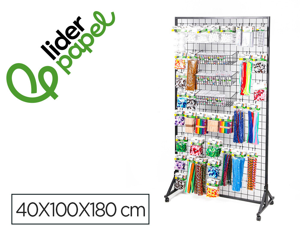 EXPOSITOR LIDERPAPEL METALICO PARA PRODUCTOS DE MANUALIDADES CON 373 UNIDADES SURTIDAS 40 GANCHOS Y 3 BANDEJAS