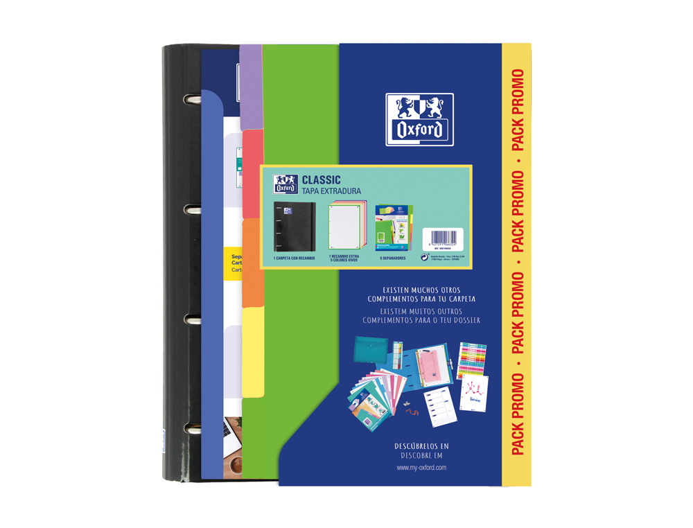 PACK CARPETA CON RECAMBIO OXFORD EBINDER SCHOOL + RECAMBIO 4 ANILLAS 80 HOJAS + JUEGO 5 SEPARADORES CARTULINA