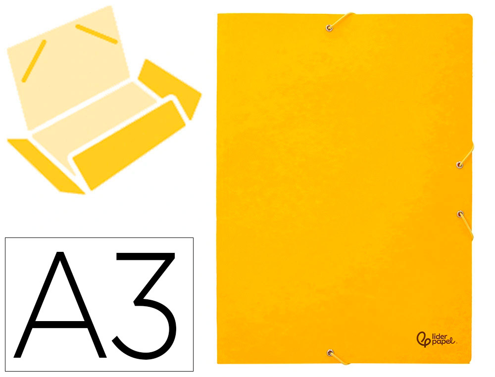 CARPETA LIDERPAPEL GOMAS FOLIO 3 SOLAPAS CARTON SIMIL PRESPAN AMARILLA