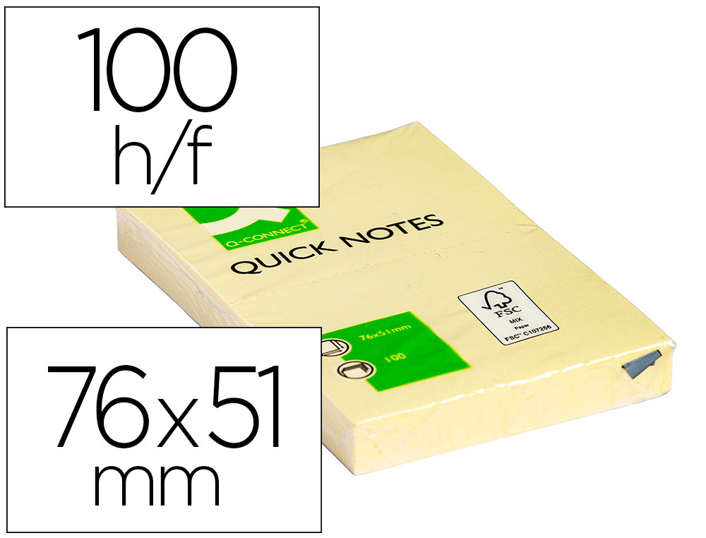 BLOC DE NOTAS ADHESIVAS QUITA Y PON Q-CONNECT 51X76 MM CON 100 HOJAS