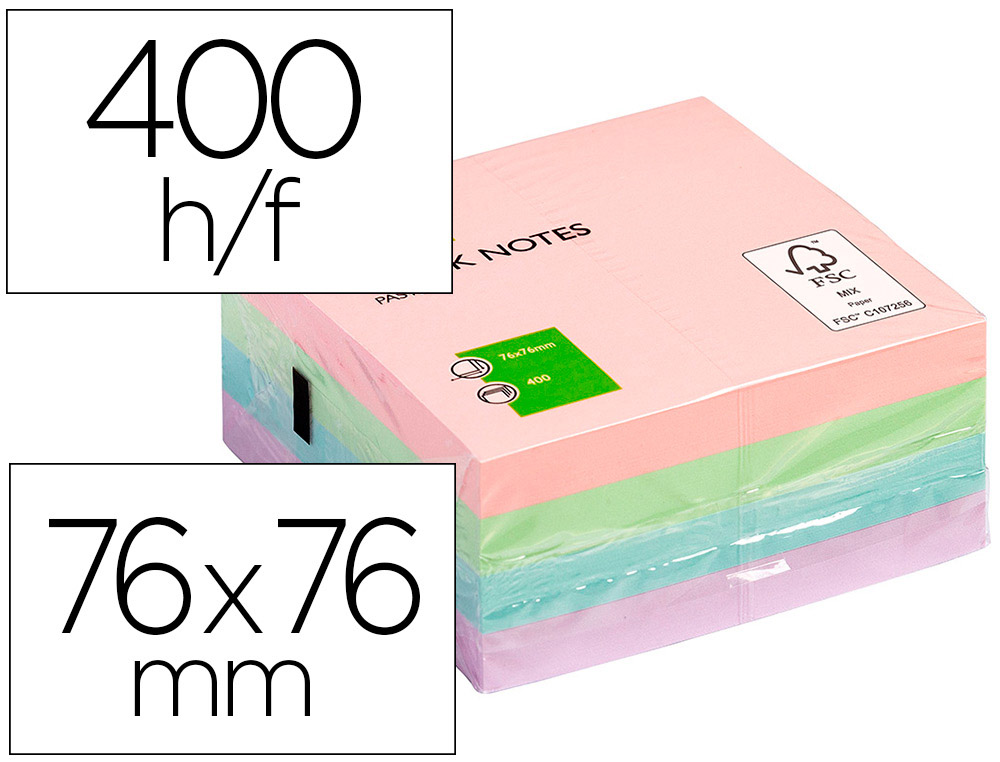 BLOC DE NOTAS ADHESIVAS QUITA Y PON Q-CONNECT 76X76 MM PASTEL CON 400 HOJAS