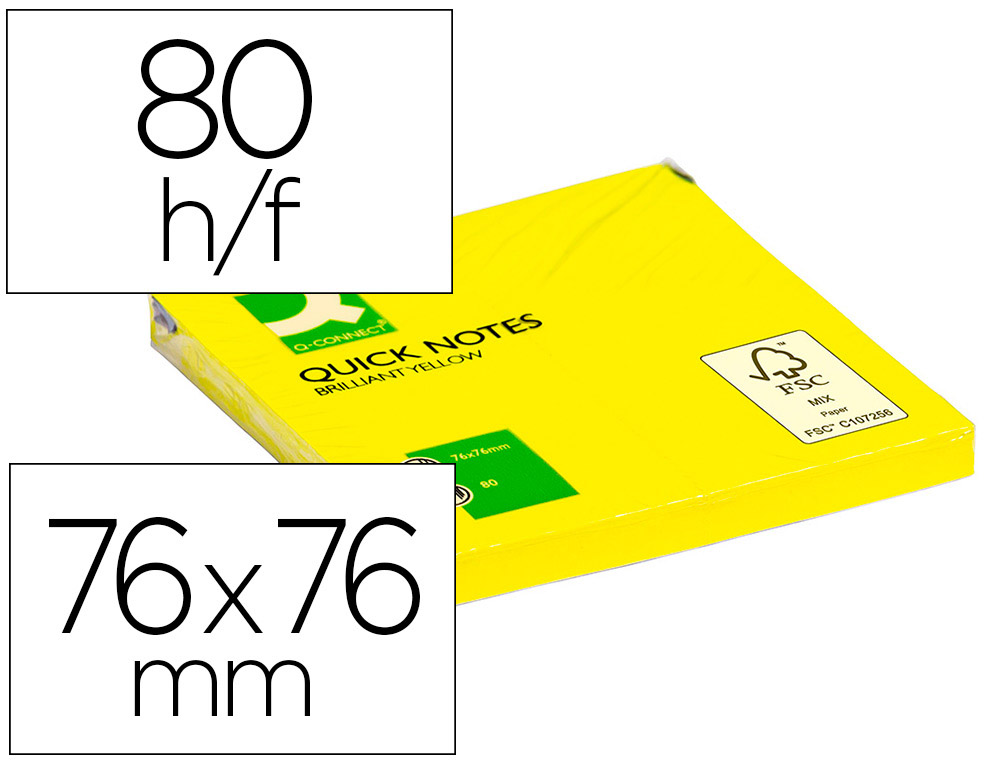 BLOC DE NOTAS ADHESIVAS QUITA Y PON Q-CONNECT 76X76 MM AMARILLO NEON 80 HOJAS