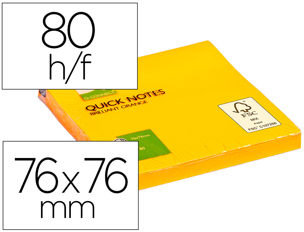 BLOC DE NOTAS ADHESIVAS QUITA Y PON Q-CONNECT 76X76 MM NARANJA NEON 80 HOJAS